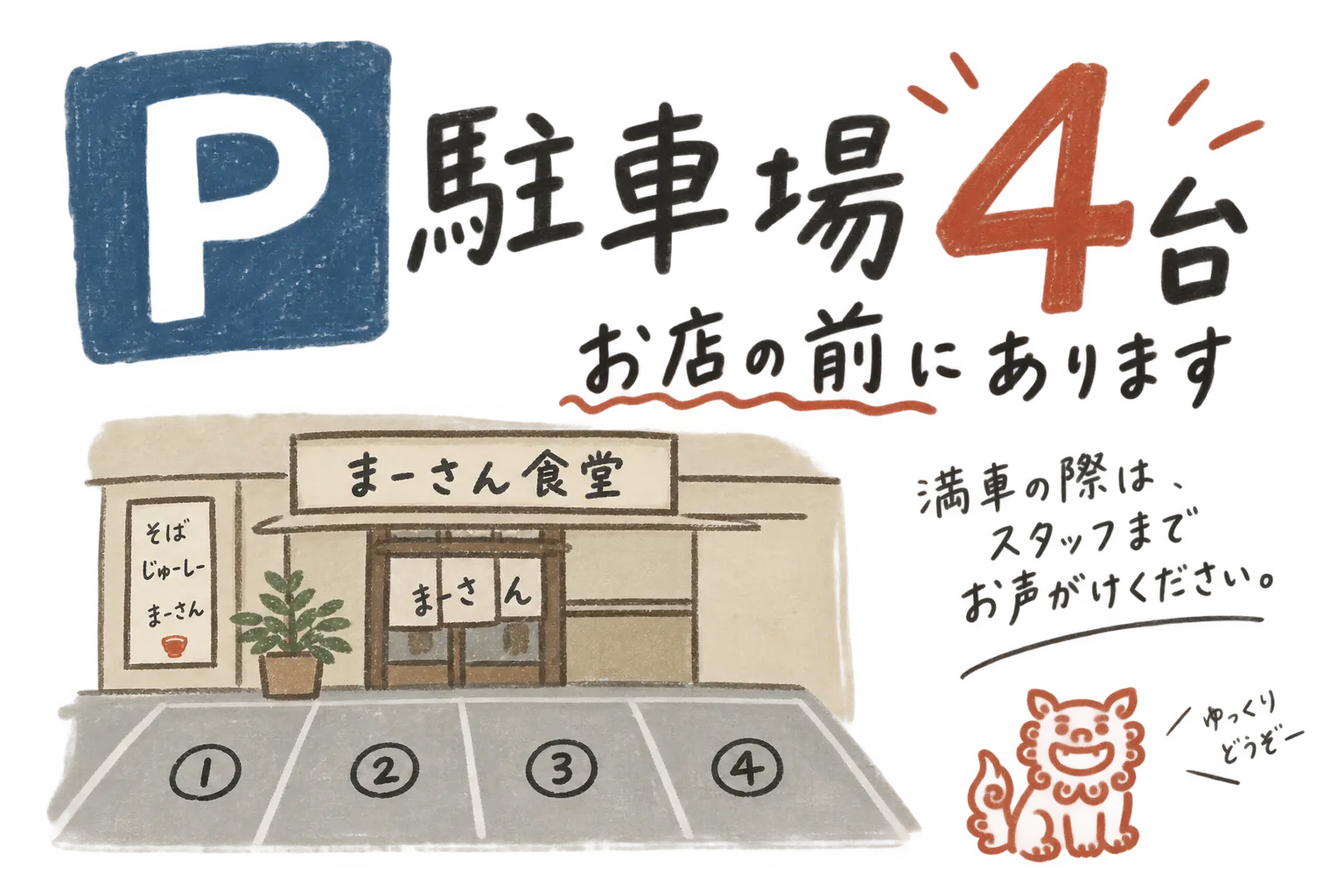 お店の前にある駐車場の案内イラスト。4台分あります。
