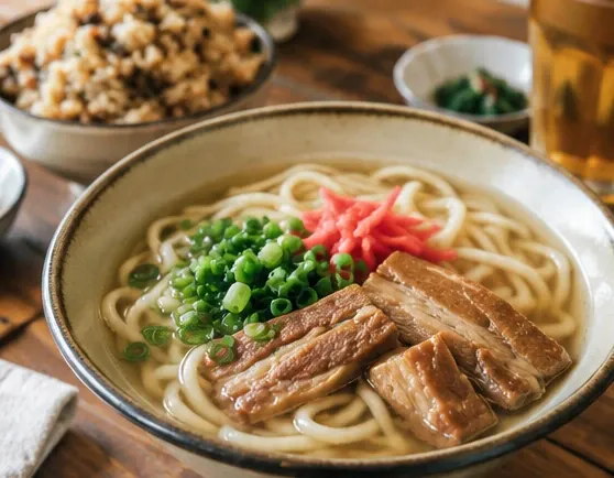 三枚肉とねぎをのせた沖縄そば